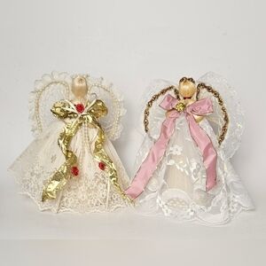Vintage 1970s Handmade Lace Angels – Set of 2 Straw & Lace Ornaments 8" EUC